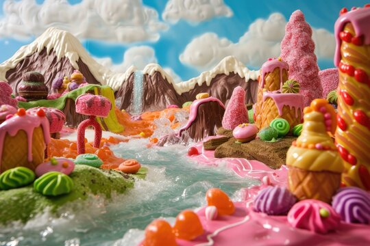 whimsical candy land with chocolate rivers and jelly mountains