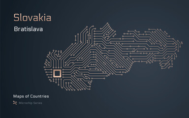 Slovakia, Map with a capital of Bratislava Shown in a Microchip Pattern. E-government. World Countries vector maps. Microchip Series	