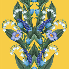 Border with lilies of the valley and other flowers. Vector. - 755107182