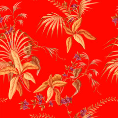 Seamless pattern with exotic trees, leaves and flowers. Vector. - 755107372