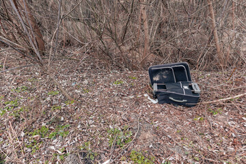 An old and torn traveler suitcase lies in the forest