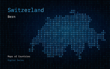 Switzerland Map Shown in Binary Code Pattern. TSMC. Blue Matrix numbers, zero, one. World Countries Vector Maps. Digital Series