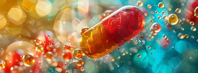 A translucent capsule reveals red vitamins amidst a sparkling, bokeh effect backdrop, illustrating the concept of health and vitality. - obrazy, fototapety, plakaty