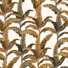 Seamless pattern with gold banana leaves. Vector. - 755107770