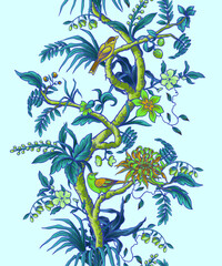 Chinoiserie border with branches, flowers and birds. Vector. - 755108147