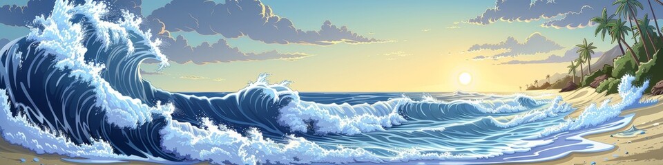 Panoramic Ocean Waves at Sunset with Cresting Swells and Warm Sky Over the Beach