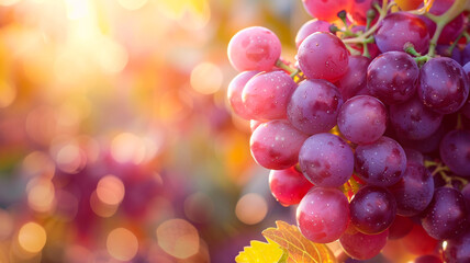 bunch of ripe grapes in a vineyard at sunset. autumn harvest