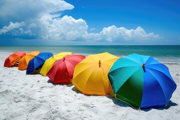 Brightly colored beach umbrellas against a powdery white sand beach