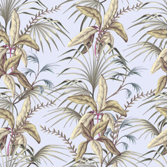 Seamless pattern with exotic trees, leaves and flowers. Vector. - 755108508