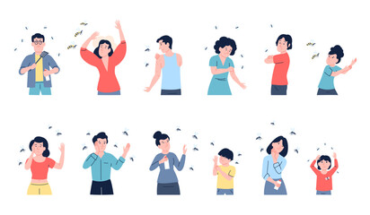 Mosquitos bites people. Flying insects swarms, mosquito bee and fly around adults and children. Seasonal natural problem, suffers recent vector characters