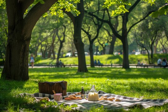 Calm and relaxing scene of a picnic set up in a shaded park.
