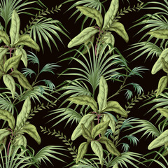 Seamless pattern with exotic trees, leaves and flowers. Vector. - 755108728