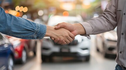 A Firm Handshake Amidst a Lineup of Cars