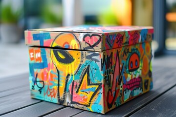 Cardboard box decorated with colorful graffiti and doodles.