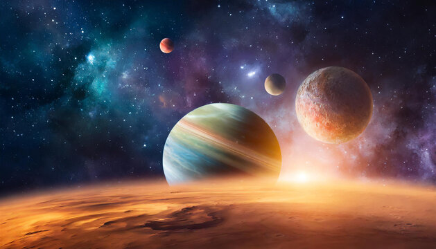 Infinite universe with stars and galaxies. Sci-fi landscape with planets. Open space. © hardvicore