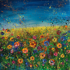 A vibrant painting depicting a field overflowing with colorful flowers in bloom, creating a rich tapestry of natural beauty.