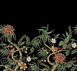 Chinoiserie border with branches, flowers and birds. Vector. - 755108952