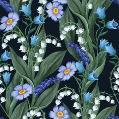 Seamless pattern with lilies of the valley and other flowers. Vector. - 755109186