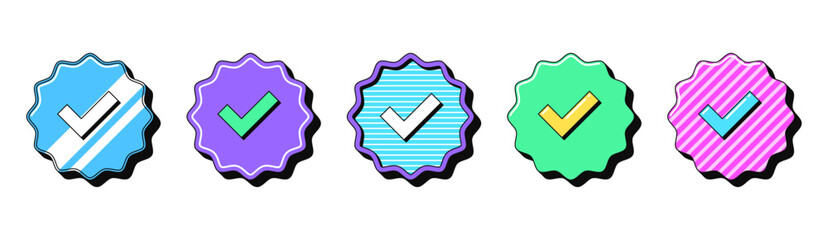 Isolated retro Verified badge icon set, vector stickers. Blue tick checkmark tag, verified user, certified and original account. Outline Verification marks with pattern. Retro design elements for ads © Дмитрий Майер
