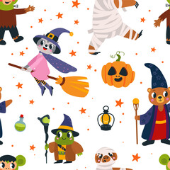 Halloween seamless pattern. Animals wear wizard and witch costumes, raccoon flying on broom. Childish carnival fabric print, classy vector background