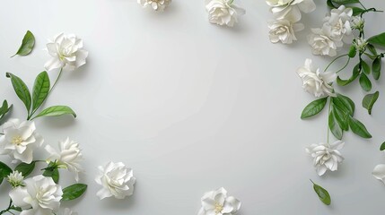 a clean, white space adorned with small, delicate Gardenia flowers arranged in the corner, presented in a flat lay, top view, perfect for a phone background, exuding cleanliness and minimalism.