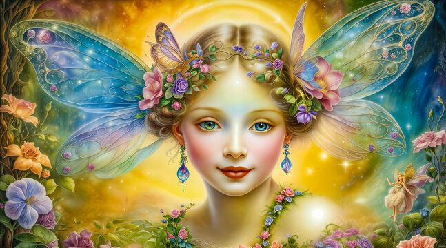 a beautiful fairy with wings, flowers and butterflies. smiling as a queen of fairies. beautiful fantasy art portrait. Fantasy wallpaper, vintage style