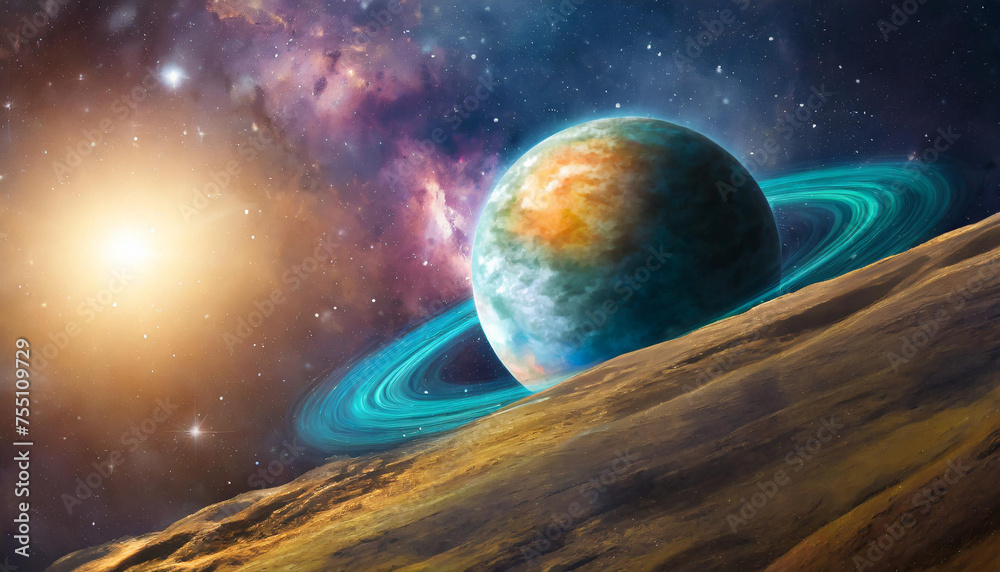 Wall mural infinite universe with stars and galaxies. sci-fi landscape with planets. open space.