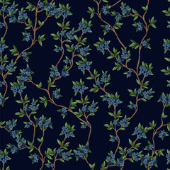 Seamless pattern with blue flowers and branches. Vector. - 755109739