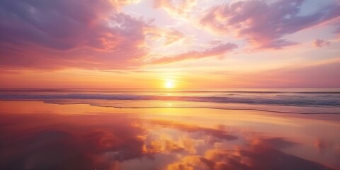 Fototapeta na wymiar Serene beach sunset paints the sky in warm hues. Concept Beach, Sunset, Nature, Colors, Serenity
