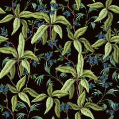 Seamless pattern with exotic trees, leaves and flowers. Vector. - 755109939