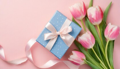 top view , Banner with delicate pink and white flowers with a blue gift box on a red background