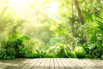 Tuinposter panorama banner background of tropical forest landscape scene for using in concept of environmental ecology and sustainable energy or Earth day, wild wood scenic using for wallpaper of spa and tourism © Mayava