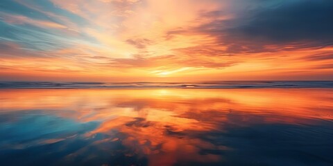Naklejka na ściany i meble Mesmerizing sunset over beach with warm orange and blue hues. Concept Beach Sunset, Warm Tones, Orange and Blue Colors, Mesmerizing view