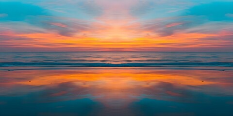 Naklejka na ściany i meble A mesmerizing sunset beach scene painted with warm orange and blue hues. Concept Seascape Art, Sunset Colors, Beach Painting, Warm Tones, Coastal Scene