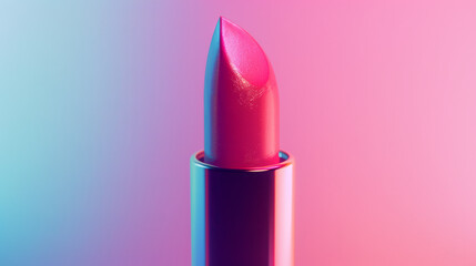A vibrant pink lipstick in a metallic case stands out with its bright color on a gradient background It represents beauty, fashion, and femininity