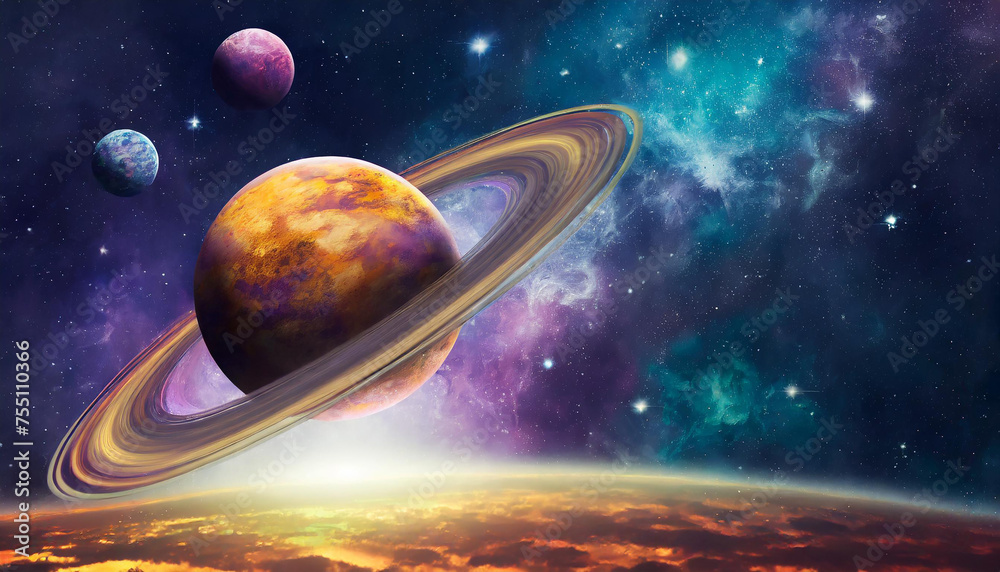 Wall mural infinite universe with stars and galaxies. sci-fi landscape with planets. open space.
