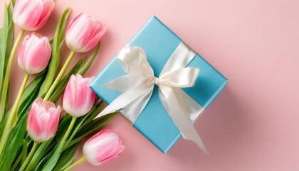 top view , Banner with delicate pink and white flowers with a blue gift box on a red background