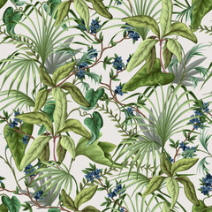 Seamless pattern with exotic trees, leaves and flowers. Vector. - 755110373