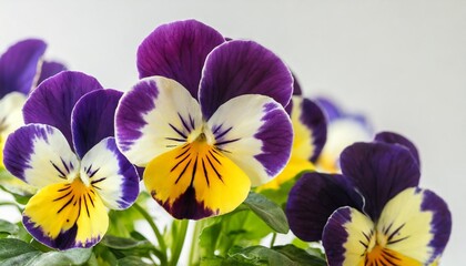 close up of colourful viola tricolor against white background