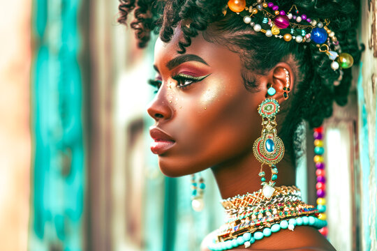Portrait profile close beautiful black african woman exotic fashionista style photo, exotic hairstyle, long neck, giant necklaces with gemstones, diamonds and pearls, oversized earrings.