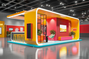 Vibrant Modern Exhibition Stand with Bold Color Scheme and Interactive Design