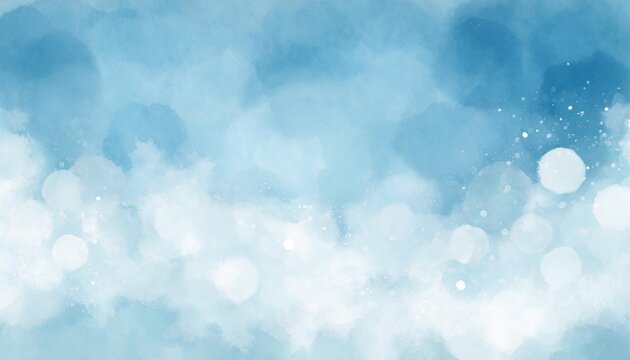 blue watercolor background texture with white abstract painted clouds in sky with bokeh lights or paint spatter in soft textured grunge design