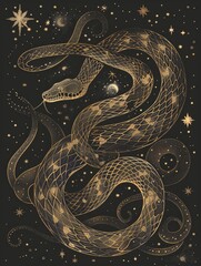 A detailed drawing of a snake set against a background filled with shimmering stars.