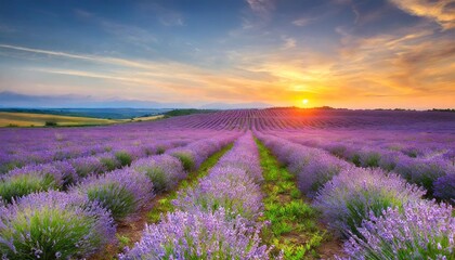 Naklejka premium meadow of lavender at sunset