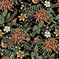 Seamless chinoiserie pattern with branches, flowers and birds. Vector. - 755110983