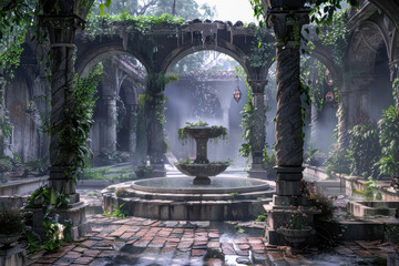 Enchanted Garden Courtyard with Fountain and Overgrown Greenery in Mystical Ruins