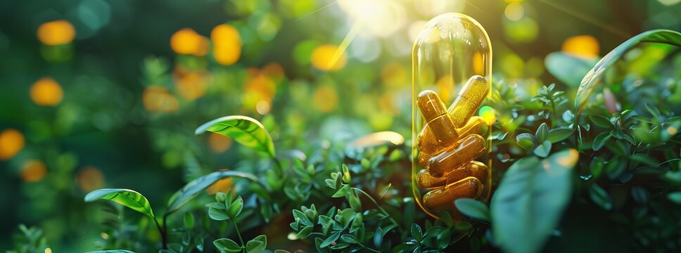Sunshine filters through a lush green backdrop, highlighting a clear capsule filled with natural supplements, epitomizing health and organic well-being.