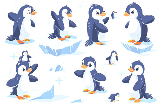 Set of cute cartoon baby penguins standing on icebergs in Antarctica and having fun on a sunny winter day. Hand illustration of penguins for Christmas design