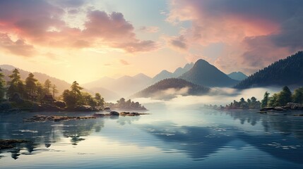 Peaceful mountain retreat at sunrise or sunset, misty hills, soft glowing light, tranquil lake