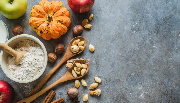 autumn baking background with pumpkins apples and nuts